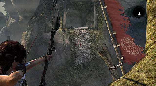 Go to the edge, use the bow and aim at the interactive wall visible in a distance - Enter the Monastery | 24: Going Back In Walkthrough - 24: Going Back In | Walkthrough - Tomb Raider Game Guide