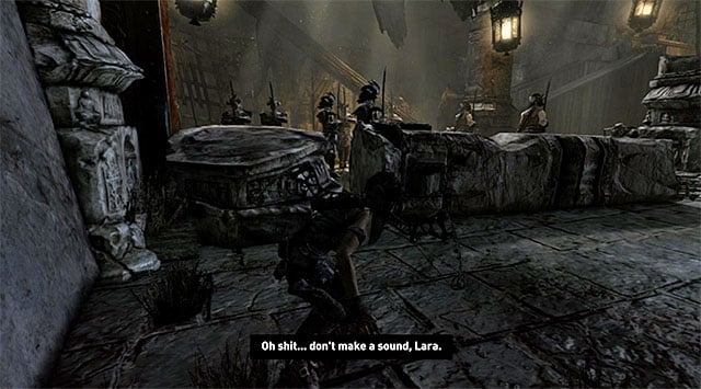 Go through the narrow tunnel, reaching the large hall with marching guards - Search the Monastery for Sam | 24: Going Back In Walkthrough - 24: Going Back In | Walkthrough - Tomb Raider Game Guide