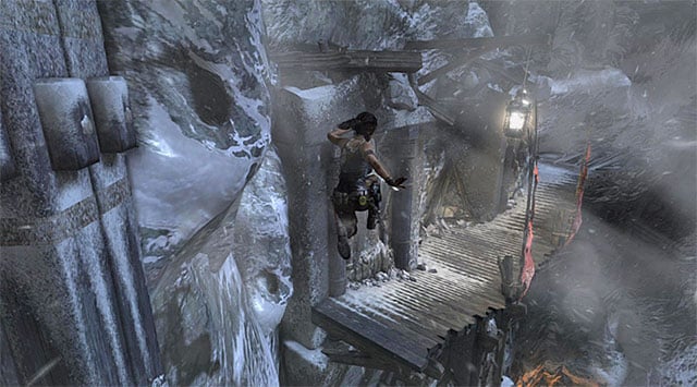 Go to the end of the wooden beam, turn left and jump towards the small platform visible in a distance - Rescue Sam from Mathias (part 2) | 24: Going Back In Walkthrough - 24: Going Back In | Walkthrough - Tomb Raider Game Guide