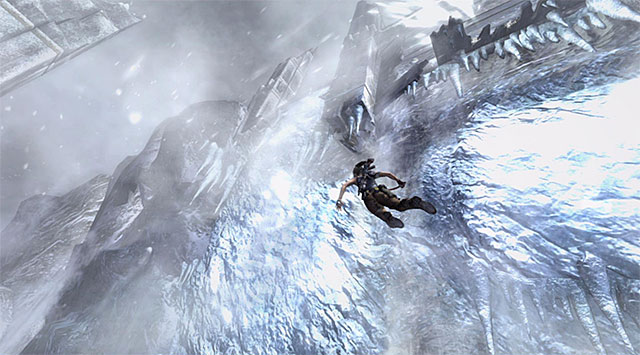 Keep climbing up, ignoring rocks falling down, because none of them hits Lara - Rescue Sam from Mathias (part 2) | 24: Going Back In Walkthrough - 24: Going Back In | Walkthrough - Tomb Raider Game Guide