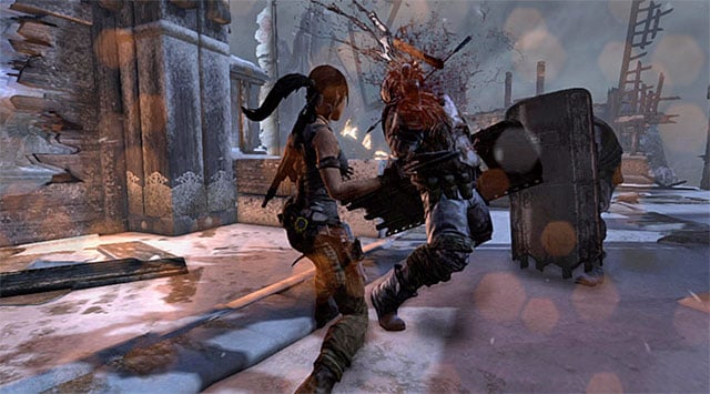 At the end, deal with two enemies with shields - Rescue Sam from Mathias (part 2) | 24: Going Back In Walkthrough - 24: Going Back In | Walkthrough - Tomb Raider Game Guide