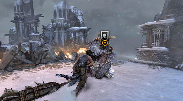 Keep attacking bosss back until you see an icon over his head, meaning that you can perform a melee attack (screen) - End the Storms by Stopping the Ascension Ritual | 24: Going Back In Walkthrough - 24: Going Back In | Walkthrough - Tomb Raider Game Guide