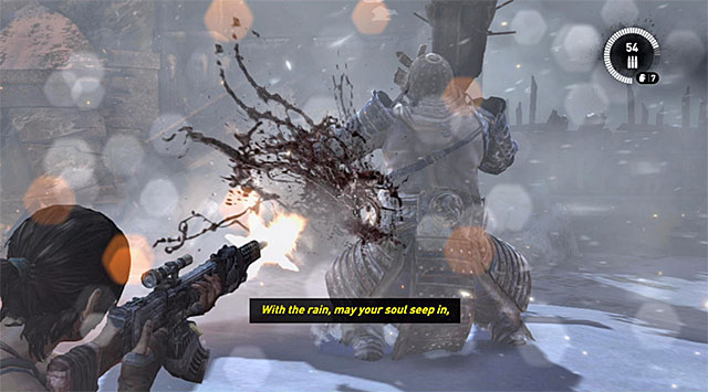 Attacking the huge guards doesnt differ from the previous phase, so try to avoid his attacks and look for the chance to shoot his back - End the Storms by Stopping the Ascension Ritual | 24: Going Back In Walkthrough - 24: Going Back In | Walkthrough - Tomb Raider Game Guide