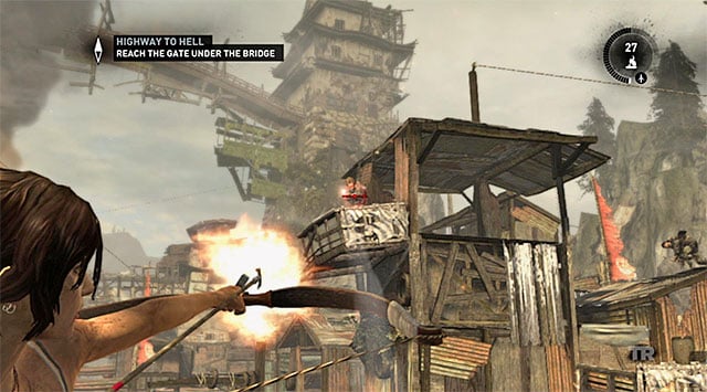 During the primary exchange of fire, look around for snipers which are occupying the higher platforms, and get them out of the way as soon as you can - Reach the Gate Under the Bridge | 14: Highway to Hell Walkthrough - 14: Highway to Hell | Walkthrough - Tomb Raider Game Guide