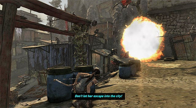 Same as before, keep looking over your shoulders since many enemies will be attempting to flank you - Reach the Gate Under the Bridge | 14: Highway to Hell Walkthrough - 14: Highway to Hell | Walkthrough - Tomb Raider Game Guide