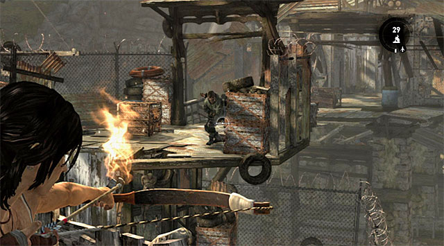 Youll have to fight the rest of the battle the usual way, but keep in mind that one guard will have fire arrows too - Find Your Way to Grim | 15: Liberator Walkthrough - 15: Liberator | Walkthrough - Tomb Raider Game Guide