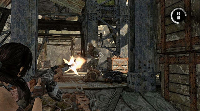 No matter which way youve chosen, as soon as you reach the main floor of the windmill, Lara will be attacked by a new wave of enemies - Find Your Way to Grim | 15: Liberator Walkthrough - 15: Liberator | Walkthrough - Tomb Raider Game Guide