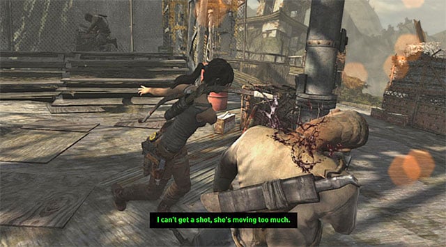 Same as with the previous battles, sooner or later the guards will find their way onto the platform - Find Your Way to Grim | 15: Liberator Walkthrough - 15: Liberator | Walkthrough - Tomb Raider Game Guide