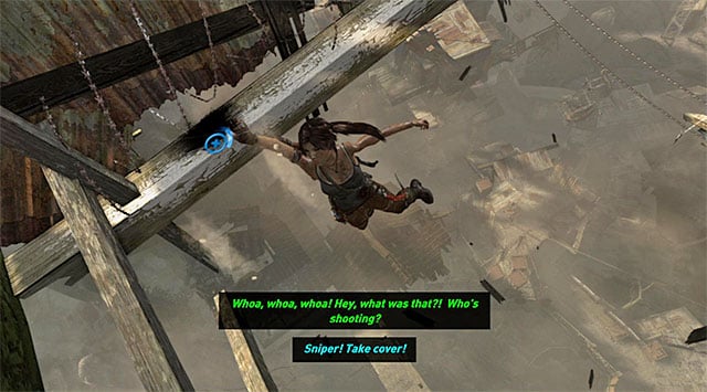 Leap over to the interactive ledges, pressing the action button if needed - Find a Way into the Solarii Stronghold | 16: No One Left Behind Walkthrough - 16: No One Left Behind | Walkthrough - Tomb Raider Game Guide