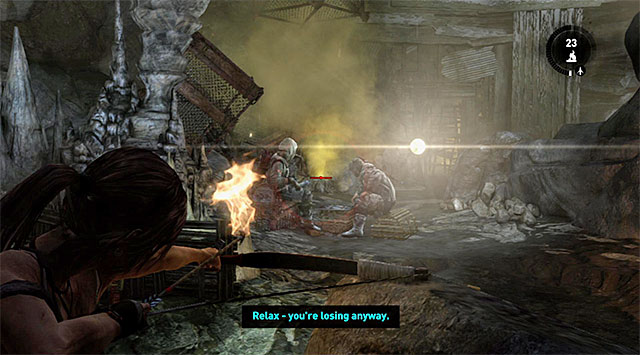 Pick up some arrows and carefully approach another group, naturally from behind a cover - Rescue the Captured Endurance Crew | 16: No One Left Behind Walkthrough - 16: No One Left Behind | Walkthrough - Tomb Raider Game Guide