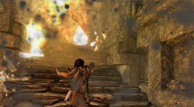 Make your way north-east along a very linear path; it will take you to a burning flight of stairs - Find a Way into the Palace | 17: Into the Fire Walkthrough - 17: Into the Fire | Walkthrough - Tomb Raider Game Guide