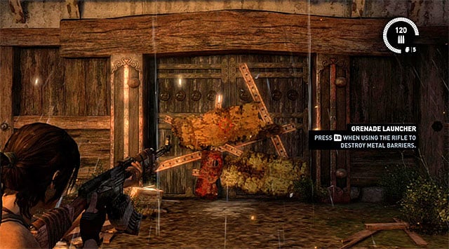 Use the grenade launcher to blast through the metal barrier - Fight Your Way Out of the Palace | 17: Into the Fire Walkthrough - 17: Into the Fire | Walkthrough - Tomb Raider Game Guide