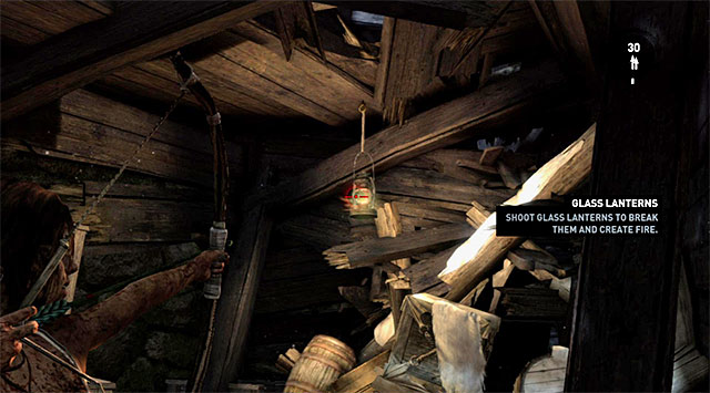 Inside, start off by destroying the Lantern, which is one the collectibles in the area (reward: 10 XP) - Continue Up the Mountain to Regroup with Roth | 7: Mountain Rendezvous Walkthrough - 7: Mountain Rendezvous | Walkthrough - Tomb Raider Game Guide