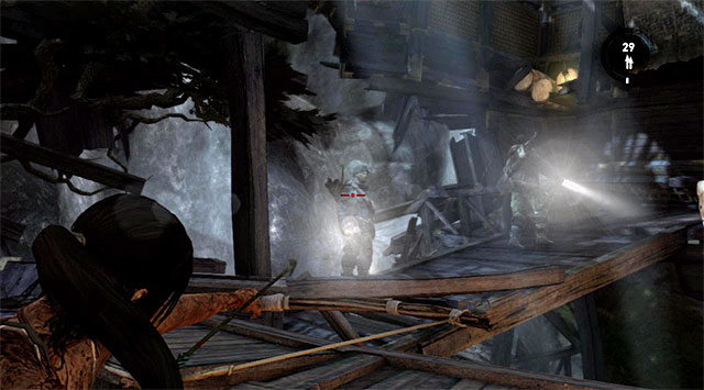 Two guards patrolling the surrounding walkways should be next in line - Continue Up the Mountain to Regroup with Roth | 7: Mountain Rendezvous Walkthrough - 7: Mountain Rendezvous | Walkthrough - Tomb Raider Game Guide