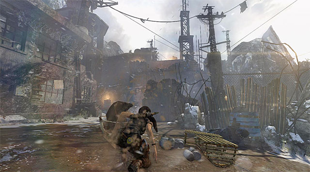 Dont rush into anything; new enemies will keep coming at you from the right and at least one of them will slide down the zip-line to get close to you quicker - Climb the Radio Tower to Send an SOS | 8: Cry for Help Walkthrough - 8: Cry for Help | Walkthrough - Tomb Raider Game Guide