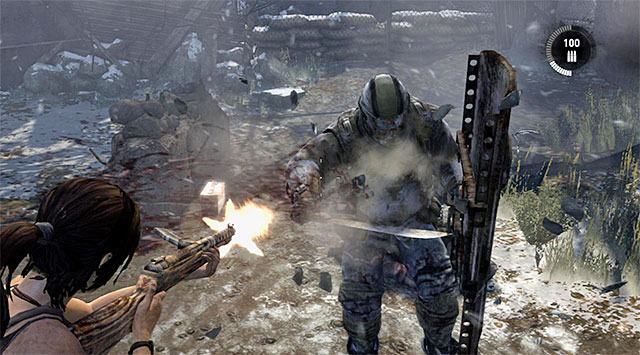 Notice that when he swings the shield in order to hit you, he opens up for moment (screenshot) - Climb the Radio Tower to Send an SOS | 8: Cry for Help Walkthrough - 8: Cry for Help | Walkthrough - Tomb Raider Game Guide