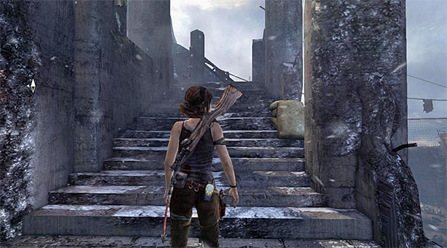 Go through the newly unlocked entrance to the western building and locate the stairs to the first floor - Climb the Radio Tower to Send an SOS | 8: Cry for Help Walkthrough - 8: Cry for Help | Walkthrough - Tomb Raider Game Guide