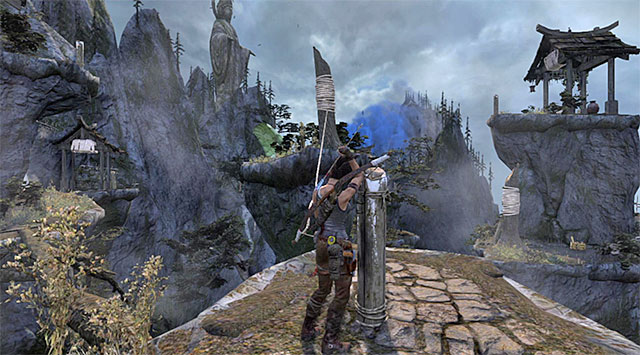 Dont shoot a rope arrow, but drop down to land by a small stream - Reach the Smoke Beacon | 10: Guilty Conscience Walkthrough - 10: Guilty Conscience | Walkthrough - Tomb Raider Game Guide