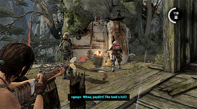 Dont climb yet; wait until one of the guards checks out the hut Lara fell into - Descend Down the Mountain to the Solarii Base | 12: A Friend in Need Walkthrough - 12: A Friend in Need | Walkthrough - Tomb Raider Game Guide