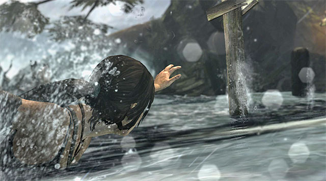 As you go across the river, youll only need to wiggle the analog stick when needed (or press directional keys) - Descend Down the Mountain to the Solarii Base | 12: A Friend in Need Walkthrough - 12: A Friend in Need | Walkthrough - Tomb Raider Game Guide