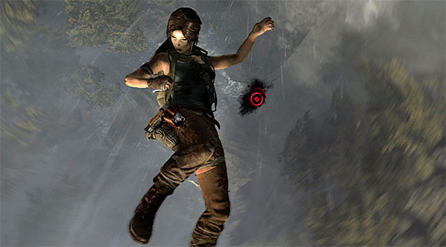 After Lara puts on the parachute, press the action button, and a while later the dodge button (screenshot) - Descend Down the Mountain to the Solarii Base | 12: A Friend in Need Walkthrough - 12: A Friend in Need | Walkthrough - Tomb Raider Game Guide