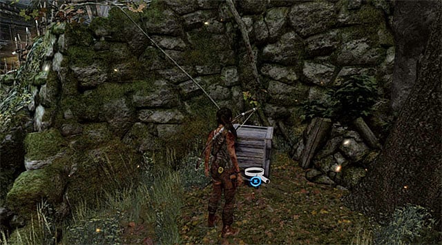 The Cache is on the ground in the dimly lit spot by the crate (reward: 5 XP) - GPS Caches | Collectibles: Mountain Temple - Collectibles: Mountain Temple - Tomb Raider Game Guide