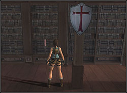 Look at the bookcases on the left - one of the book is unnaturally embattled - The Croft Manor 1 | The Croft Manor - training mission - The Croft Manor - training mission - Tomb Raider: Anniversary Game Guide & Walkthrough