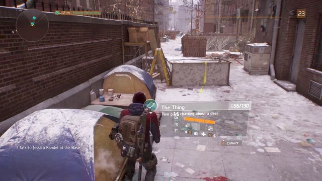 In the alley, you find a small encampment and next to it, there are two collectibles - a phone and an ECHO - Chelsea & Camp Hudson (M1) | Intel data - Intel data - Tom Clancys The Division Game Guide