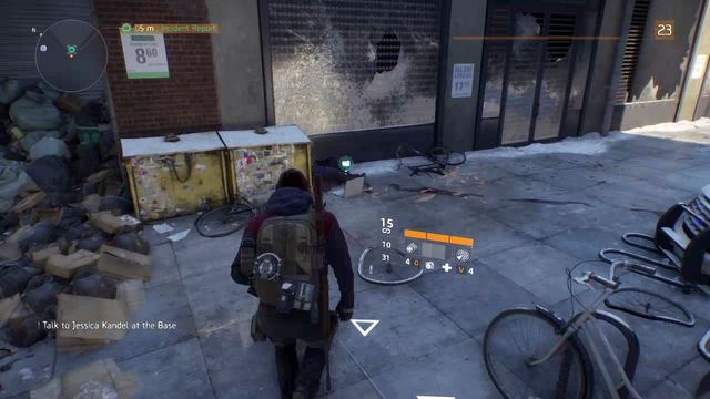 The laptop is by the trashcans at the main road - Chelsea & Camp Hudson (M1) | Intel data - Intel data - Tom Clancys The Division Game Guide