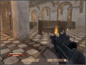 I would recommend making a few steps forward and hiding behind one of the pillars - Mission 1.1: Mexican Border - Inbound - Walkthrough - Tom Clancys Rainbow Six: Vegas - Game Guide and Walkthrough