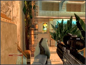 Make a few steps forward (while standing on the second balcony) and turn right - Mission 2.4: Calypso Casino - Dr. Smythe - Walkthrough - Tom Clancys Rainbow Six: Vegas - Game Guide and Walkthrough