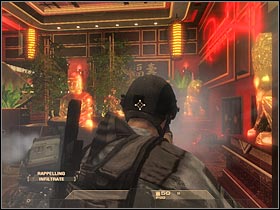 The second group of enemy soldiers will appear near the stairs (#1) - Mission 3.1: Downtown Vegas - Exclusive Gone Wrong - Walkthrough - Tom Clancys Rainbow Six: Vegas - Game Guide and Walkthrough