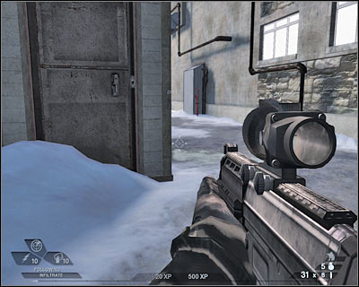 Make a few steps forward and take cover behind the right wall - Scene 1 - Negotiations - part 2 - Act 1 - Pyrénées - Tom Clancys Rainbow Six: Vegas 2 - Game Guide and Walkthrough