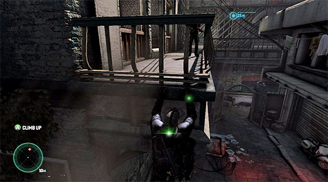Carefully, shimmy to the right and stand in the spot shown in the screenshot - Reach the CIA safehouse - Mission 1 - Safehouse - Tom Clancys Splinter Cell: Blacklist - Game Guide and Walkthrough