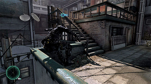 Your current destination is the wooden stairs shown in the screenshot - Reach the vicinity of the police station - Mission 1 - Safehouse - Tom Clancys Splinter Cell: Blacklist - Game Guide and Walkthrough