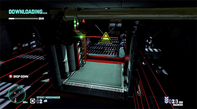 After you get under the cage, grab onto the pipe attached to the ceiling and remain in the position shown in the screenshot, i - Download the data - Mission 6 - Special Missions HQ - Tom Clancys Splinter Cell: Blacklist - Game Guide and Walkthrough