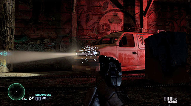 Destroying the van's headlights will allow you to stay in hiding - Disarm the second bomb - Mission 7 - Transit Yards - Tom Clancys Splinter Cell: Blacklist - Game Guide and Walkthrough