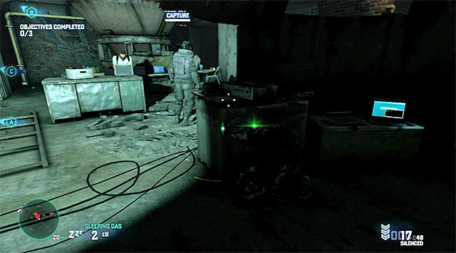 The High Value Target is staying on the ground floor of the main part of the den, close to the hacking location A, i - Mission 3 - Hackers Den - Optional missions assigned by Grim - Tom Clancys Splinter Cell: Blacklist - Game Guide and Walkthrough