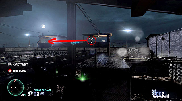 You now need to make sure that the sniper staying near the exit from the camp marked by the game isn't looking in your direction (the above screenshot) - Make it out of the camp - Mission 8 - Detention Facility - Tom Clancys Splinter Cell: Blacklist - Game Guide and Walkthrough