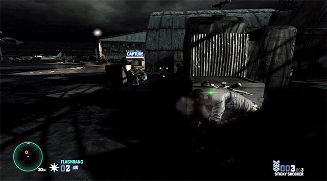 Right after you regain control over Fisher, as soon as possible go ahead, get around the parked jeep on the right side and hide behind the crates in front of the destroyed hangar - Neutralize the attacking mercenaries - Mission 9 - Airstrip - Tom Clancys Splinter Cell: Blacklist - Game Guide and Walkthrough