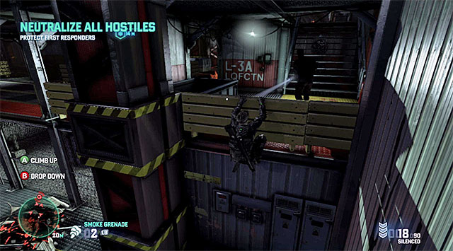 You can get to the middle level by e.g. climbing - Neutralize all hostiles - Mission 11 - LNG Terminal - Tom Clancys Splinter Cell: Blacklist - Game Guide and Walkthrough