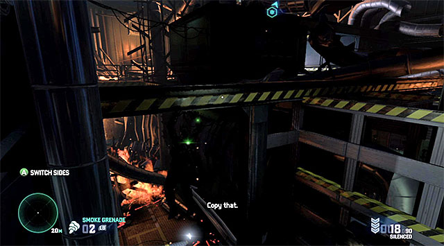A place where you have t grab onto the opposite side of the beam - Reach the place of disabling the virus - Mission 11 - LNG Terminal - Tom Clancys Splinter Cell: Blacklist - Game Guide and Walkthrough