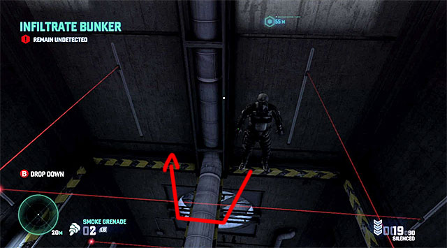 The walk along the shaft involves the necessity to grab onto several ledges but, you will bump into further lasers only after you get into the vertical shaft - Infiltrate the bunker - Mission 12 - Site F - Tom Clancys Splinter Cell: Blacklist - Game Guide and Walkthrough