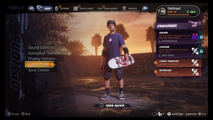 To activate the modifications, you have to go into the settings - Tony Hawks Pro Skater 1+2: Modifications - Basics - Tony Hawks Pro Skater 1+2 Guide