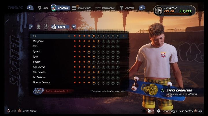 Basic skills can be developed with the points - Tony Hawks Pro Skater 1+2: Steve Caballero guide, skills - Original skaters - Tony Hawks Pro Skater 1+2 Guide