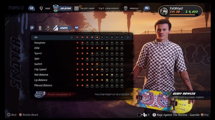 Basic skills can be developed with the points - Tony Hawks Pro Skater 1+2: Geoff Rowley guide, skills - Original skaters - Tony Hawks Pro Skater 1+2 Guide