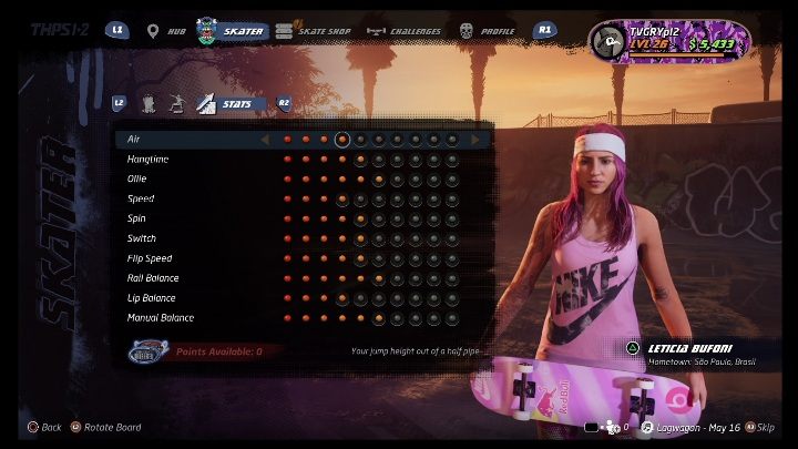 Basic skills can be developed with the points - Tony Hawks Pro Skater 1+2: Leticia Bufoni guide, skills - New skaters - Tony Hawks Pro Skater 1+2 Guide