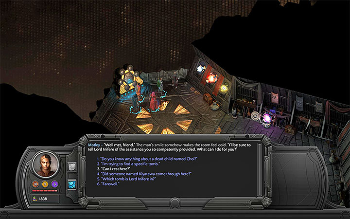 Ask Motley if you can rest here - Necropolis Map - M13 - Valley of Dead Heroes - Torment: Tides of Numenera Game Guide