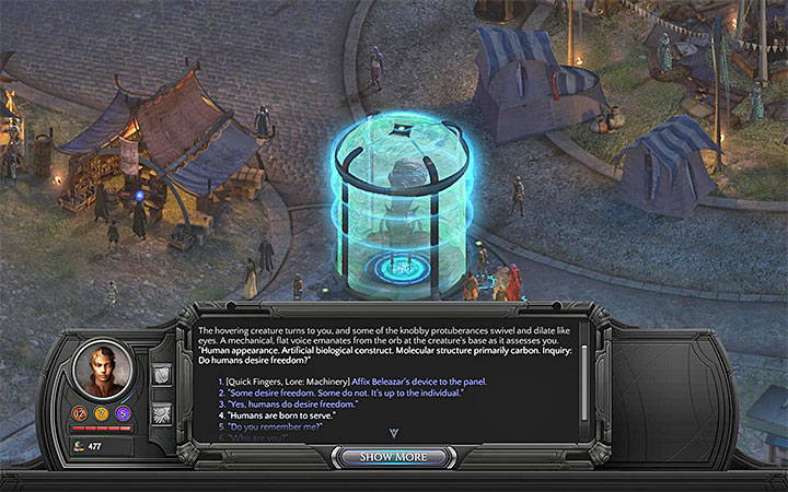 You can talk to the caged being once the timeline changes and Circus Minor will be covered by the night - Beleazar and the Beast - side quest walkthrough | Circus Minor - Sagus Cliffs: Circus Minor - Torment: Tides of Numenera Game Guide