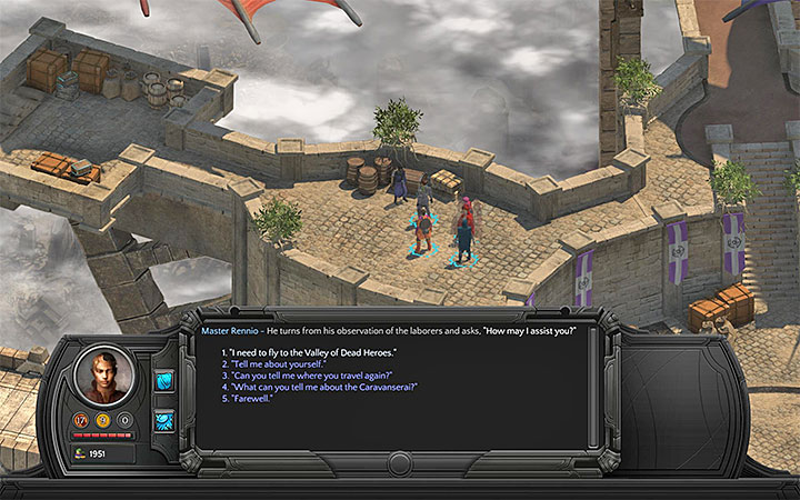 Master Rennio can take the party to Valley of Dead Heroes - On the Builders Trail - main quest walkthrough | Caravanserai - Sagus Cliffs: Caravanserai - Torment: Tides of Numenera Game Guide